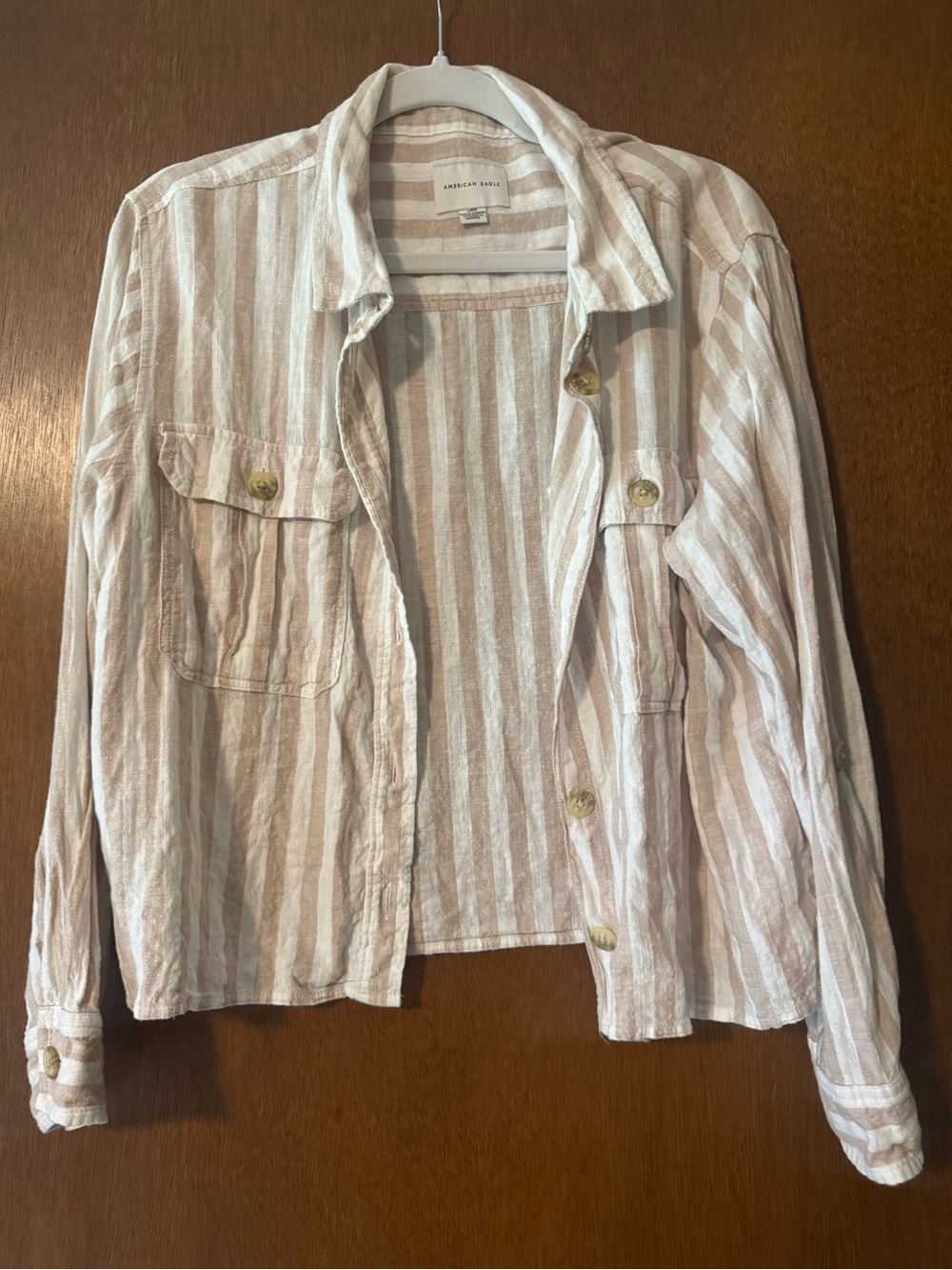 American Eagle Beige & White Striped Button-Up Shirt Jacket